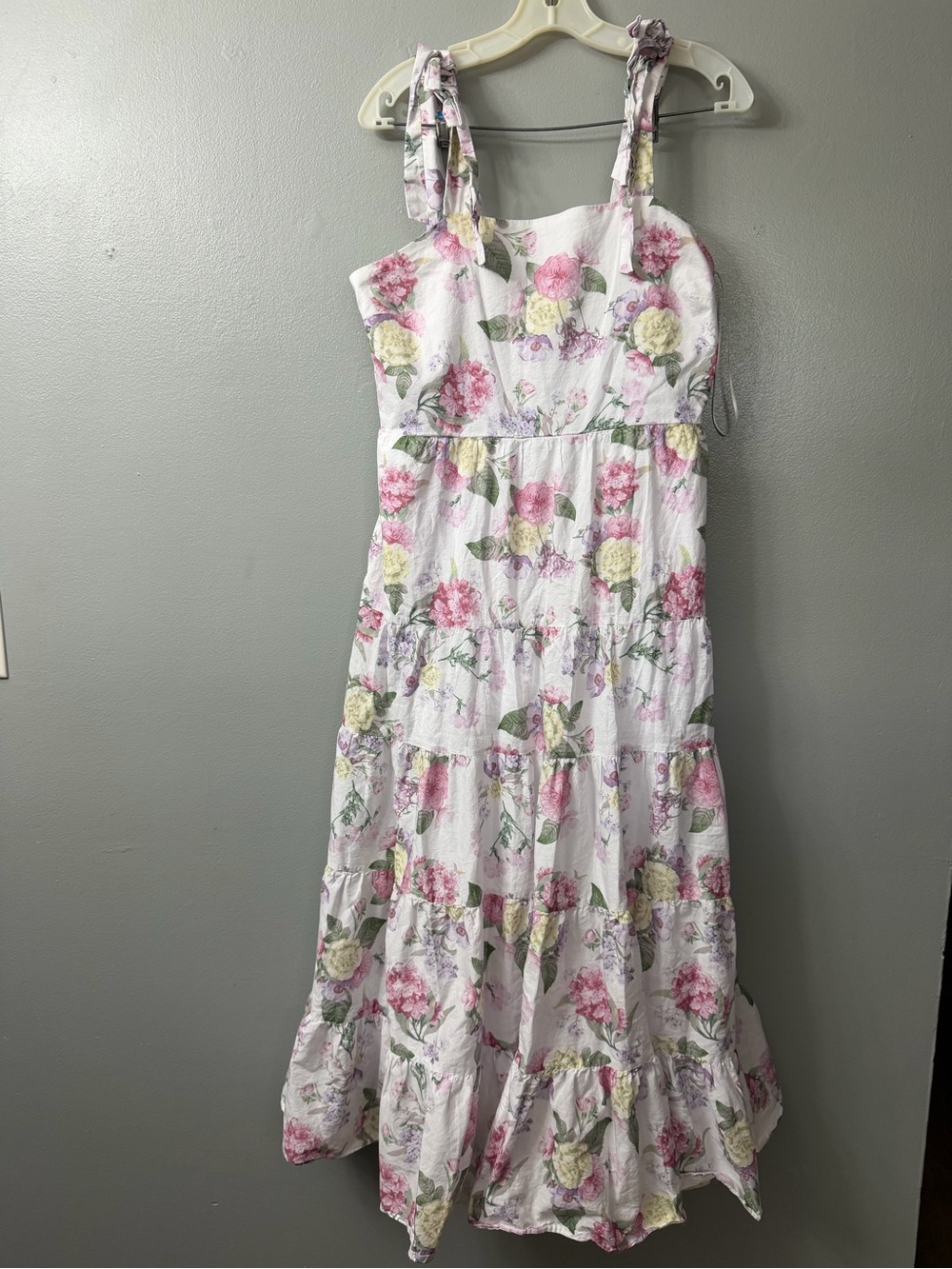 1. State Floral Tiered Midi Dress with Tie Straps - White Pink Green medium